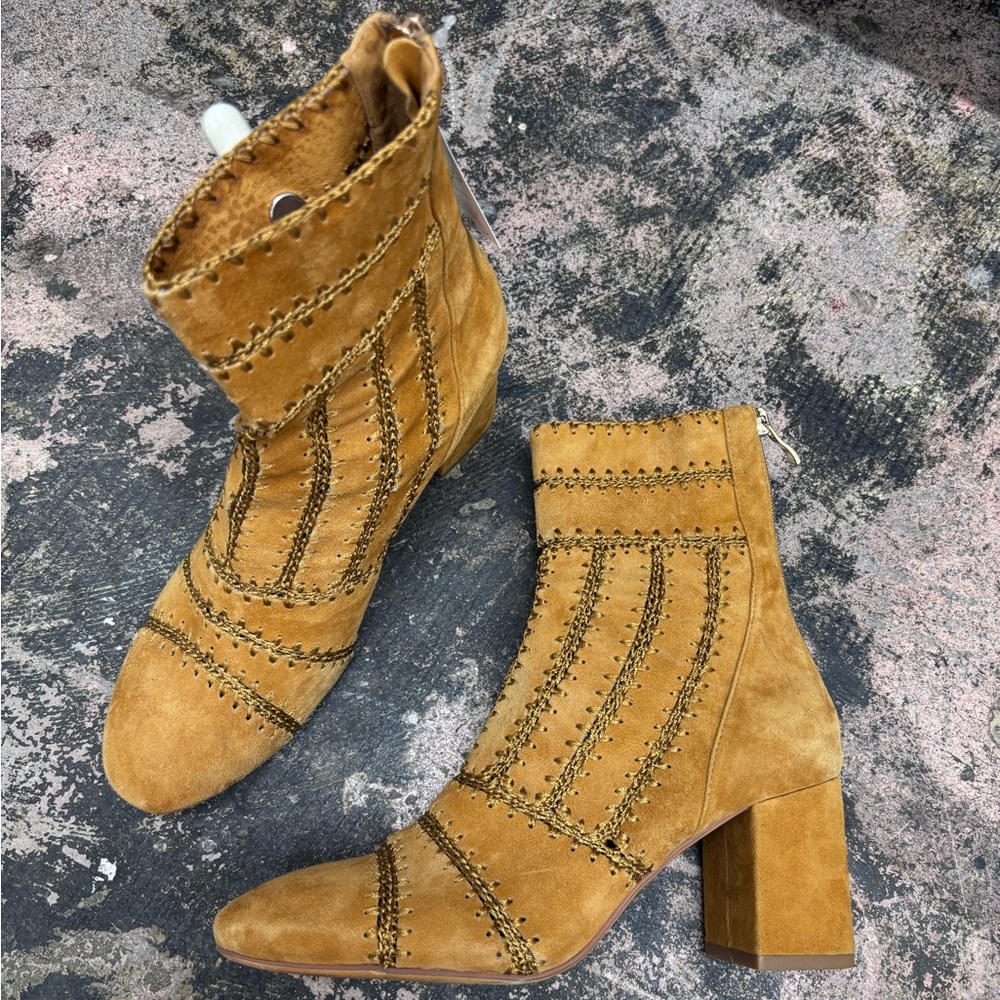 Silent D Crotchet Suede Heeled Boots in Tan